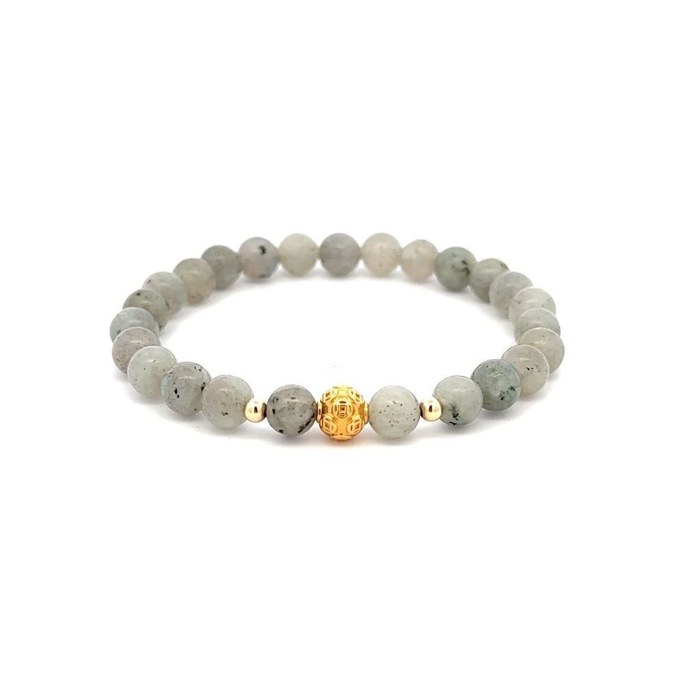 18K Gold Money Ball Lucky Charm Beads Bracelet Gemstones Black Labradorite 6mm